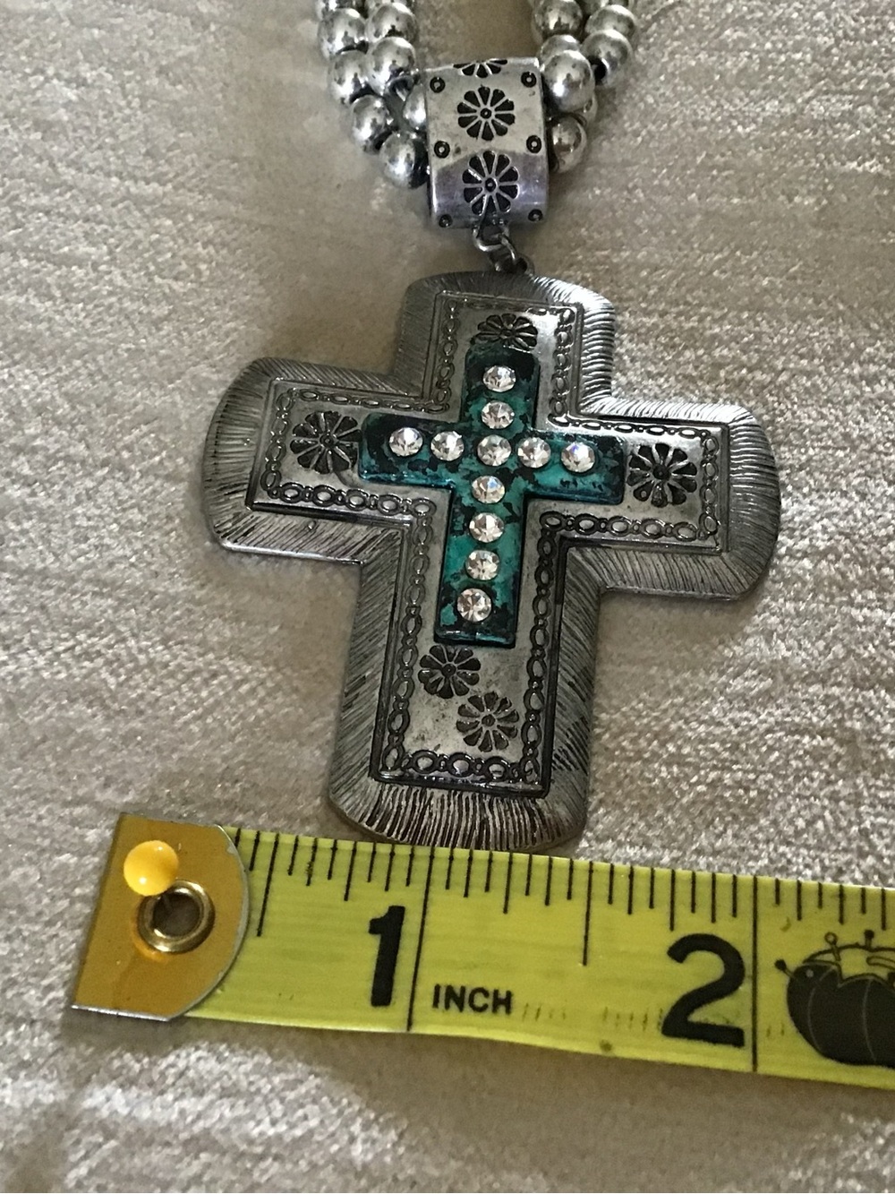 Silver Cross Pendant Necklace with Teal Inlay and Crystal Accents - Picture 3 of 5